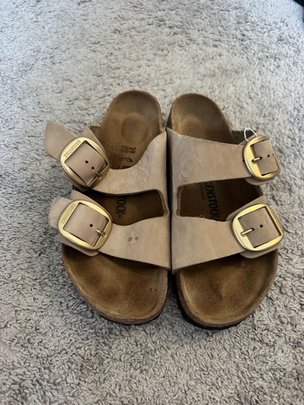 Birkenstock Arizona Sandals in Taupe with Gold Buckles